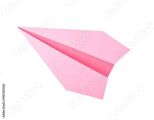 A sharply folded pastel pink paper airplane with crisp edges floating in midair symboliz 