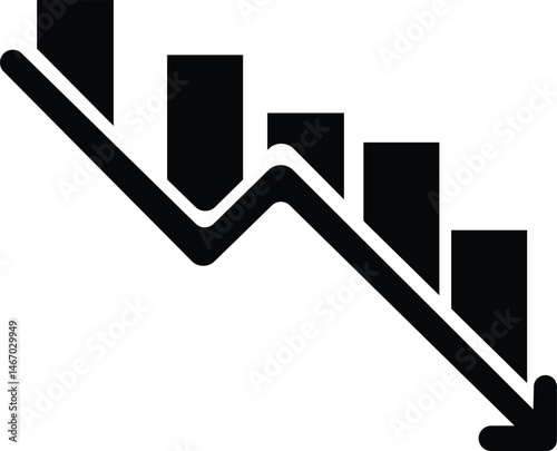 a black and white icon of a graph going  down. arrow going down stock icon. Decrease, Bankruptcy, financial market crash icon for your web site design. Vector illustration