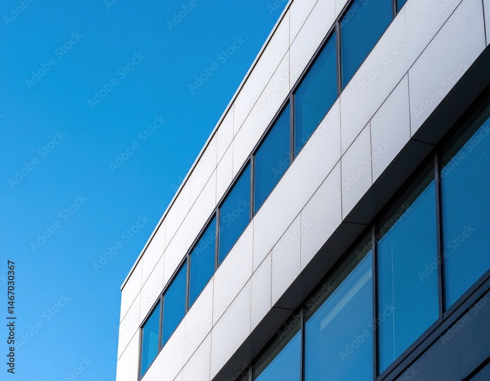 Obraz premium Modern Office Building Facade With White Panels And Glass Windows Against Blue Sky