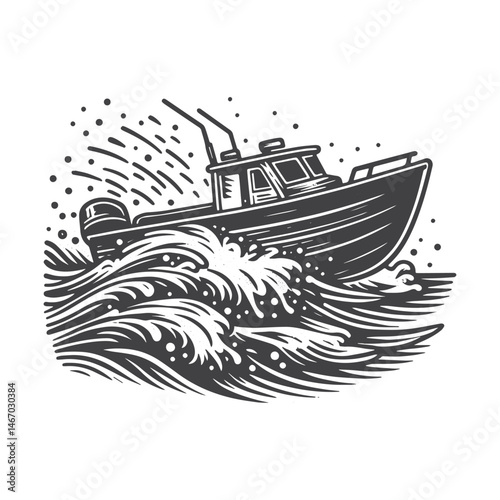 Vintage Hand-Drawn Motorboat with Waves Illustration – Nautical Scene Engraved Style Vector for T-Shirts, Posters, Stickers, and Water Sports Themes Apparel