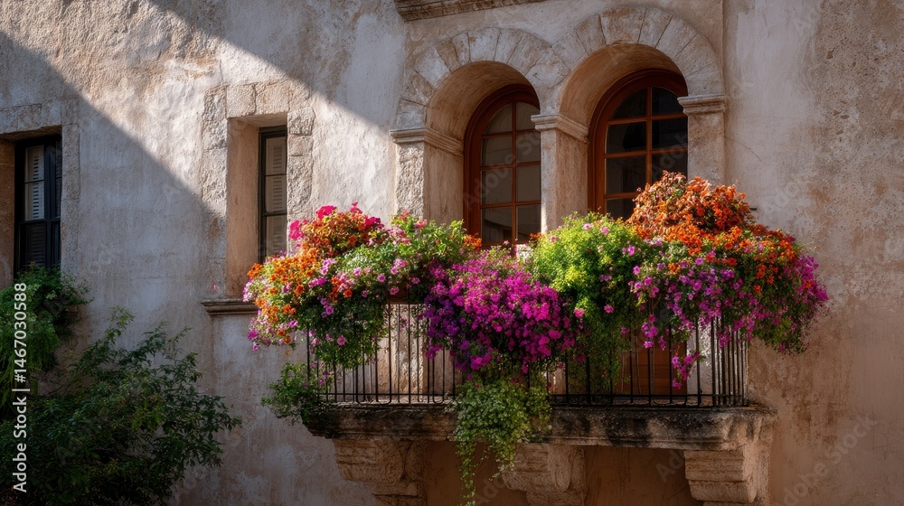 Fototapeta premium Beautiful flower arrangements cascading from a balcony under an arched window on a sunlit stucco house