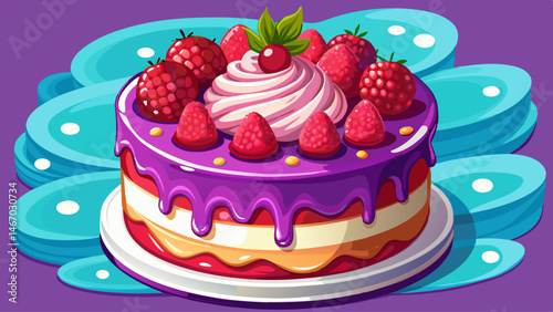 A purple cake with raspberries and whipped cream drizzled on top