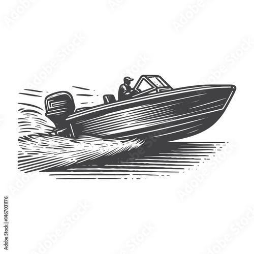 Vintage Hand-Drawn Motorboat on Ocean Illustration – Nautical Scene Engraved Style Vector for T-Shirts, Posters, Stickers, and Water Sports Themes Apparel