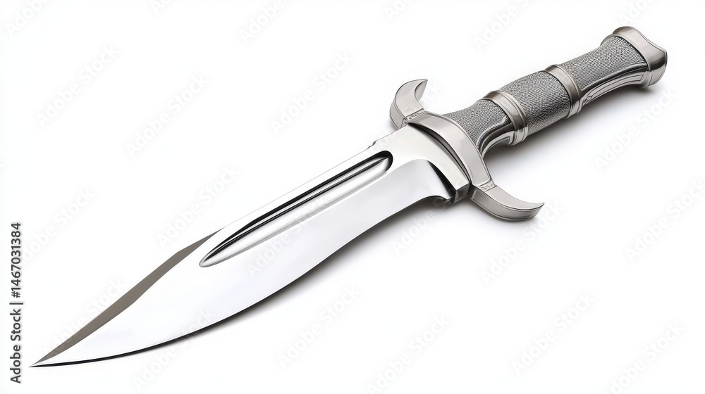 Fototapeta premium A gleaming, ornamental dagger with a polished steel blade and textured handle rests diagonally against a stark white backdrop, highlighting its elegant design.