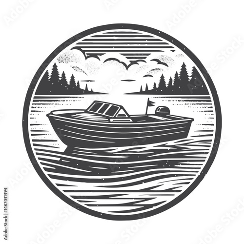 Vintage Hand-Drawn Motorboat on River Illustration – Nautical Scene Engraved Style Vector for T-Shirts, Posters, Stickers, and Water Sports Themes Apparel