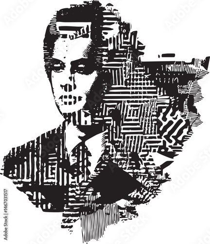 A grayscale portrait blends a human face with intricate geometric .