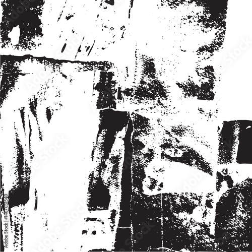 Abstract black and white showcasing distressed textures and fragmented shapes.