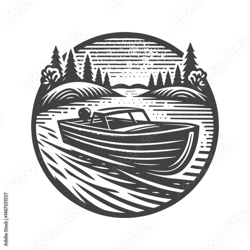Vintage Hand-Drawn Motorboat on River Illustration – Nautical Scene Engraved Style Vector for T-Shirts, Posters, Stickers, and Water Sports Themes Apparel