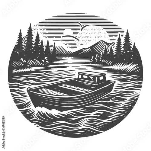 Vintage Hand-Drawn Motorboat on River Illustration – Nautical Scene Engraved Style Vector for T-Shirts, Posters, Stickers, and Water Sports Themes Apparel