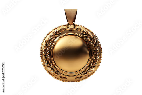 A golden medal with a blank center, laurel wreath border, and elegant circular bead detailing, isolated on a transparent background photo