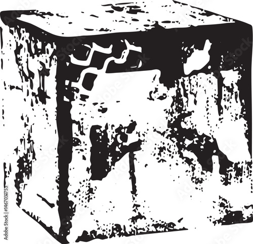 A rough textured cube dominates the with sharp edges and fractured surfaces.