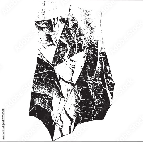 A fragmented abstract shape dominates the with sharp edges and textured cracks.