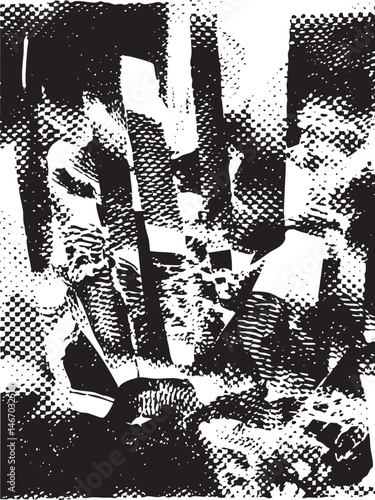 A collection of dark abstract figures emerge from a textured background.