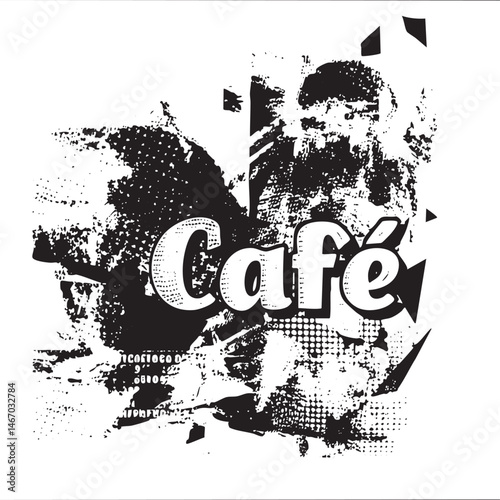 A distressed textured displays the word 'Café' in bold letters.