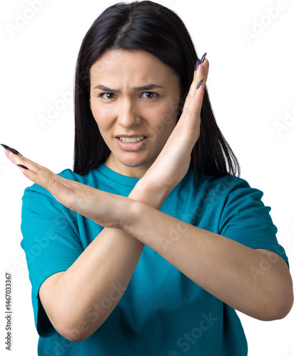 Girl disapproving with no crossing hands sign make negation gesture. Portrait of pretty woman on grey background