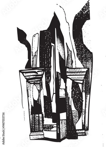A series of stylized black and white glasses arranged in a vertical stack.
