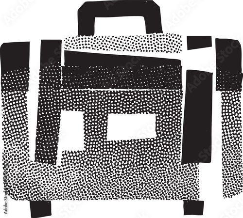 A textured black and white suitcase sits upright on a flat surface.