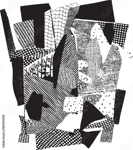 A dynamic abstract composition utilizes layered geometric shapes in a striking black and white .