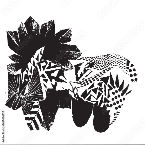 A stylized black and white depicts a flower and a leaping animal silhouette.