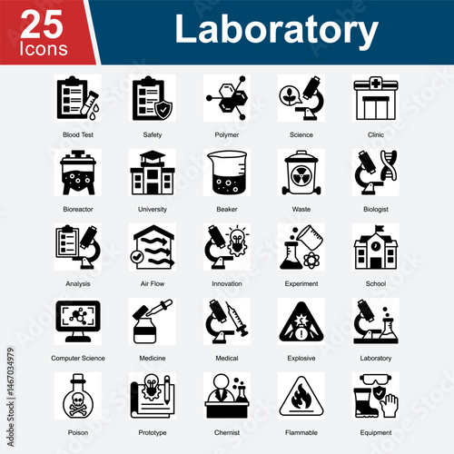 Laboratory is a collection of icons representing scientific research, lab safety, chemical experimentation, medical analysis, and innovative testing environments used in educational, clinical.