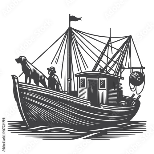 Vintage Hand-Drawn Fishing Boat with Dog Illustration – Coastal Scene Engraved Style Vector for T-Shirts, Posters, Stickers, and Nautical Themes Apparel photo