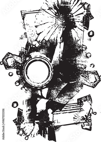A fragmented circular gear emerges from a burst of radiating lines.