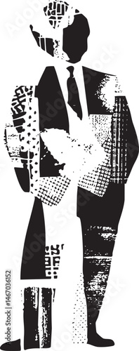 A silhouetted figure holds a briefcase standing against a textured black background.