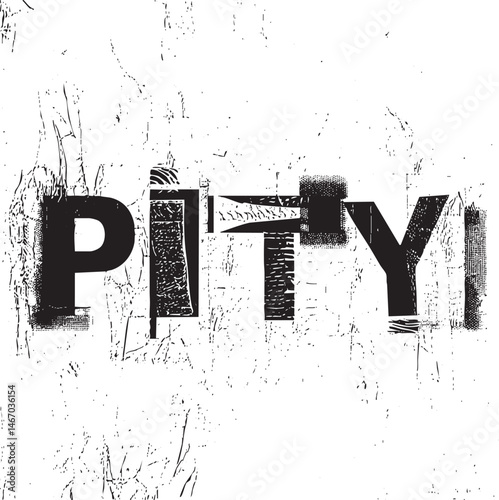Bold distressed letters spell out the word 'PITY' against a textured background.