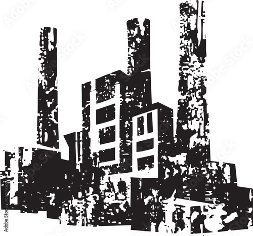 A collection of distressed towering city structures stands against a stark white background.