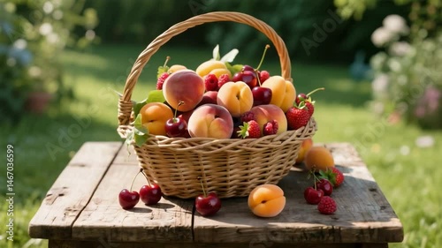 A wicker basket overflowing with ripe peaches, apricots, cherries, and strawberries rests on a rustic wooden table in a sunny garden, evoking summer harvest and healthy eating concepts