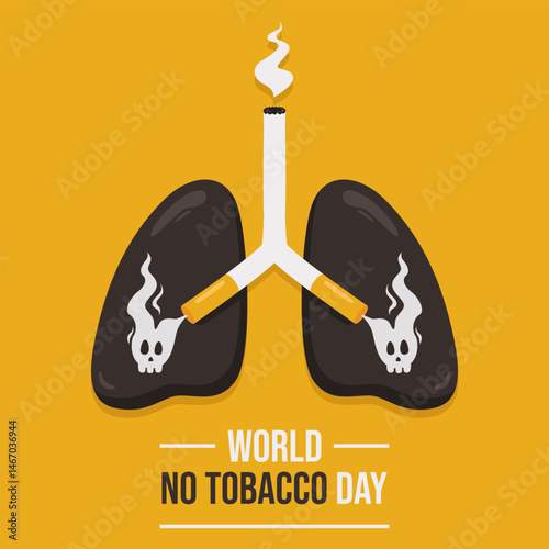 Simple World No Tobacco Day greeting template with unhealthy lung illustration and cigarette on yellow background