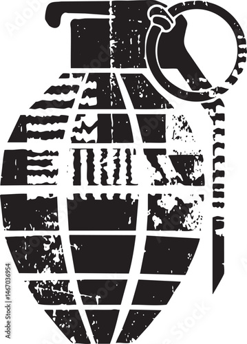 A stark black and white grenade displays a circular explosive device with a pin.