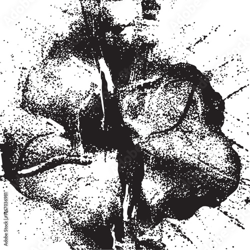 Black ink splatters create an abstract textured on a white background.