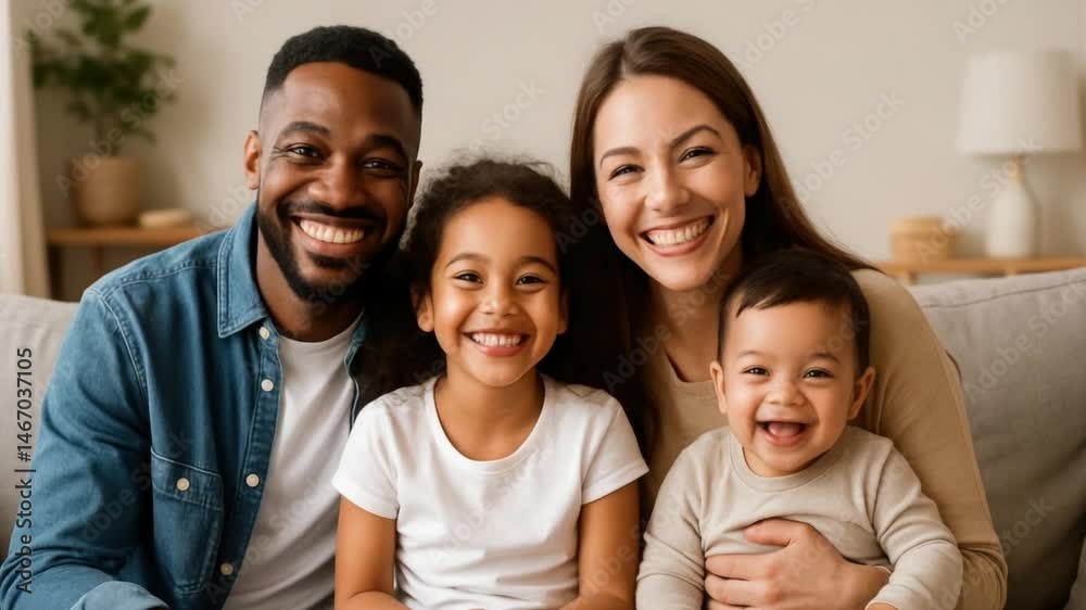 Happy diverse family smiling together at home with children, showcasing love and joy in a cozy living room setting Happy diverse family smiling together at home with children, showcasing love and joy in a cozy living room setting