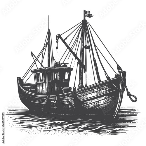 Vintage Hand-Drawn Old and Rusty Fishing Boat Illustration – Coastal Scene Engraved Style Vector for T-Shirts, Posters, Stickers, and Nautical Themes Apparel