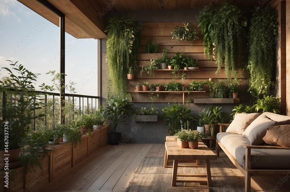 Fototapeta premium Modern home with indoor vertical garden on the wall, warm light