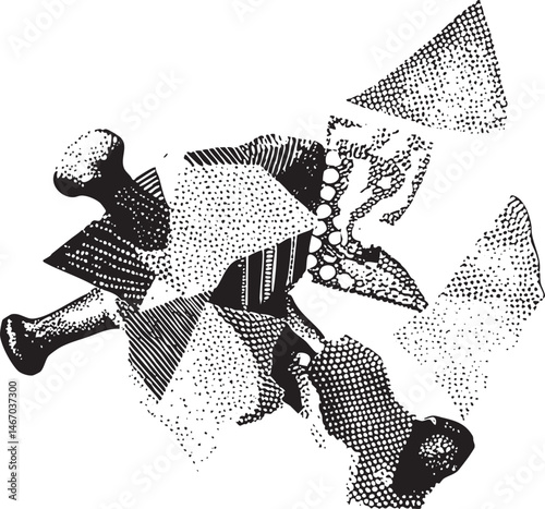 A stylized depicts a whimsical fragmented figure adorned with decorative elements.