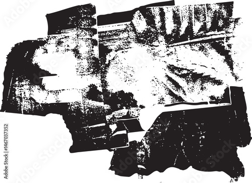 A fragmented textured black and white abstract representation of a vehicle.