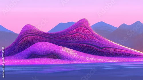 Pixelated Dreamscape A low resolution magenta hued mountain landscape beneath a pale pink gradient sky digital creation art