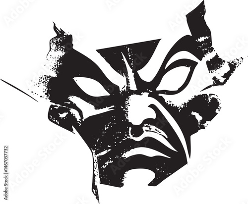 A stark black and white mask depicts a sorrowful face with expressive features.