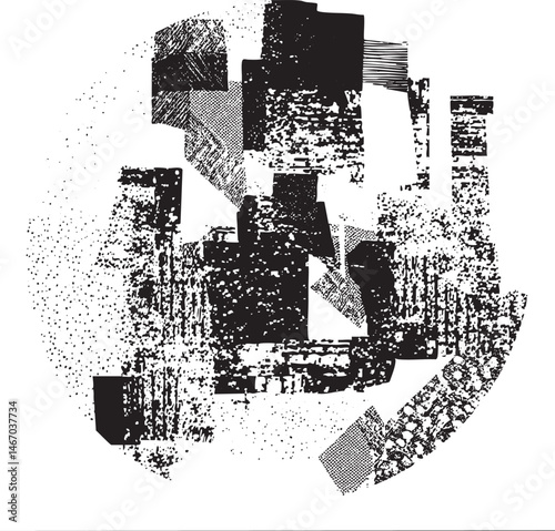 A fragmented textured geometric abstract composition.