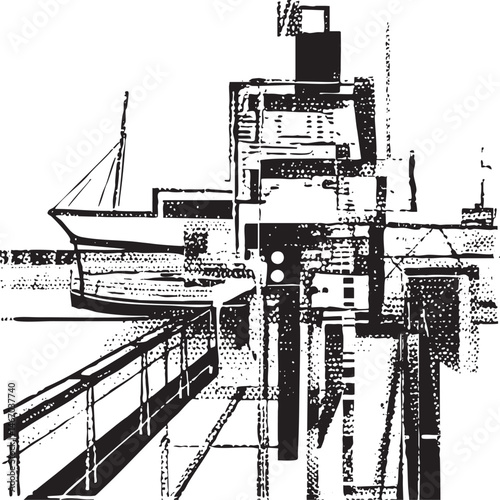 A weathered wooden pier extends towards a large ship docked at the harbor.