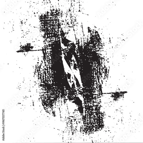A large textured black smear dominates the  creating a dynamic and chaotic visual.