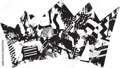 Abstract black and white shapes overlap and blend together.