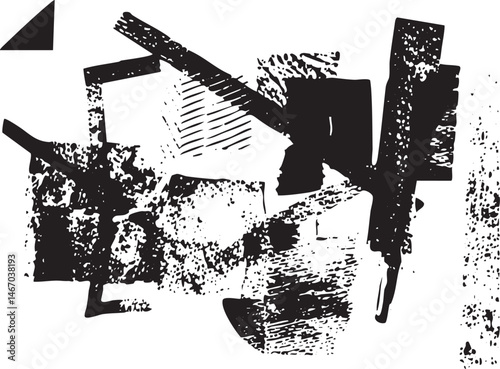 A fragmented textured portrait emerges from a chaotic arrangement of black and white shapes.