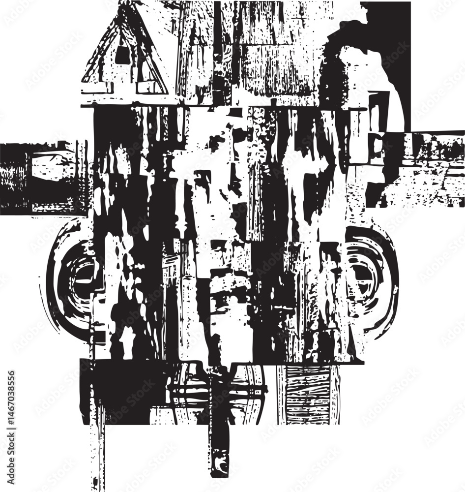 Fototapeta premium A fragmented monochrome cityscape composed of geometric shapes and architectural elements.