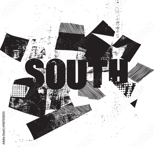 Fragmented 'SOUTH' composed of angular black shapes on a white background.