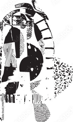A fragmented textured portrait of a human head in stark black and white.
