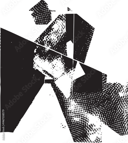 A silhouetted figure stands before a geometric abstraction of layered shapes.