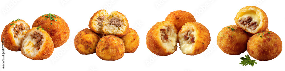 Arancini Balls, Fried rice balls filled with cheese and meat, Sicilian Street Food, isolated on white background or PNG transparent Background Arancini Balls, Fried rice balls filled with cheese and meat, Sicilian Street Food, isolated on white background or PNG transparent Background